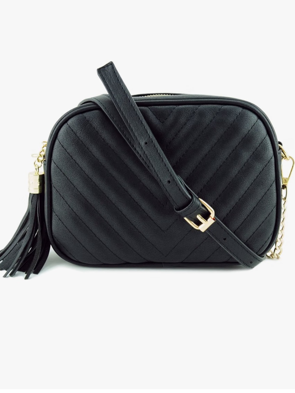 Quilted Crossbody Bag with Tassel and Ajustable Strap- Black with gold hardware.